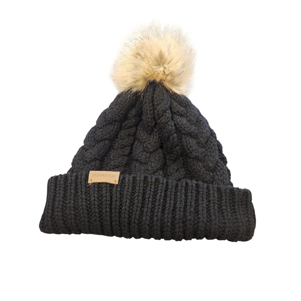 Pendleton Hat Beanie Womens One Size Black Cable Knit Faux Fur Pom‎ Winter